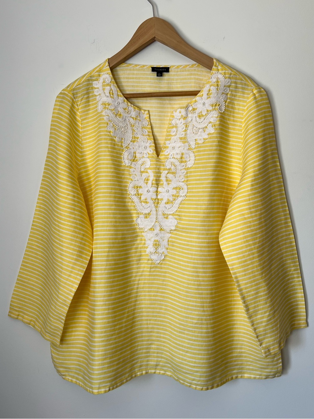 Talbots Yellow Striped Linen Embroidered Beading V-Neck Tunic Sunshine Summer